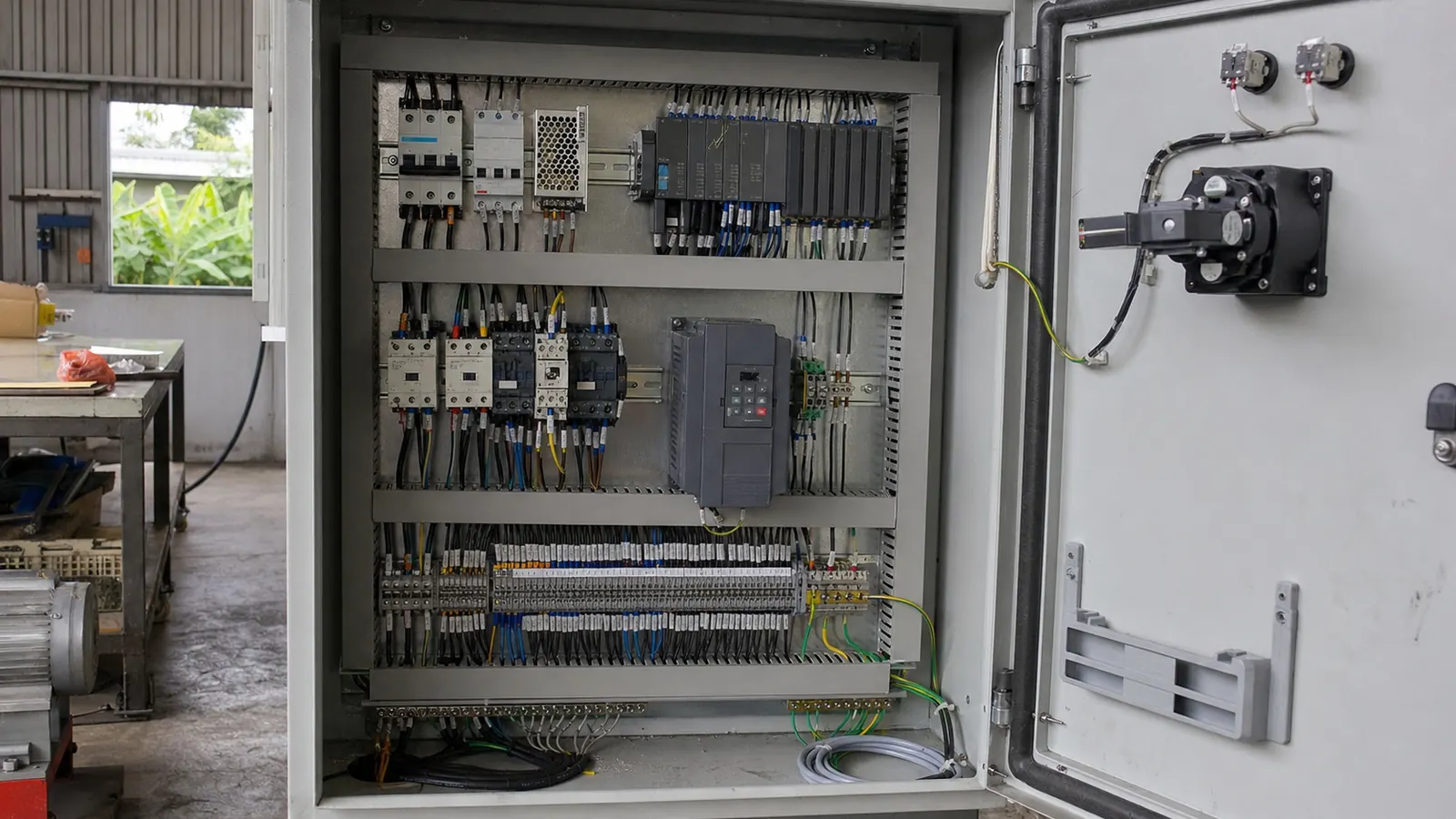 Illustrative de-energised control cabinet with PLC hardware, drives, terminals, and routed wiring