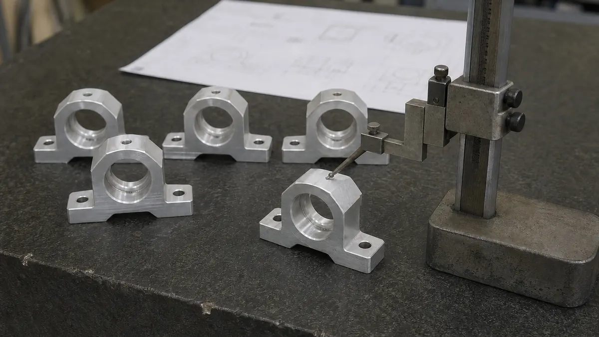 Illustrative reference showing inspection bench with a small batch of machined parts and measuring equipment