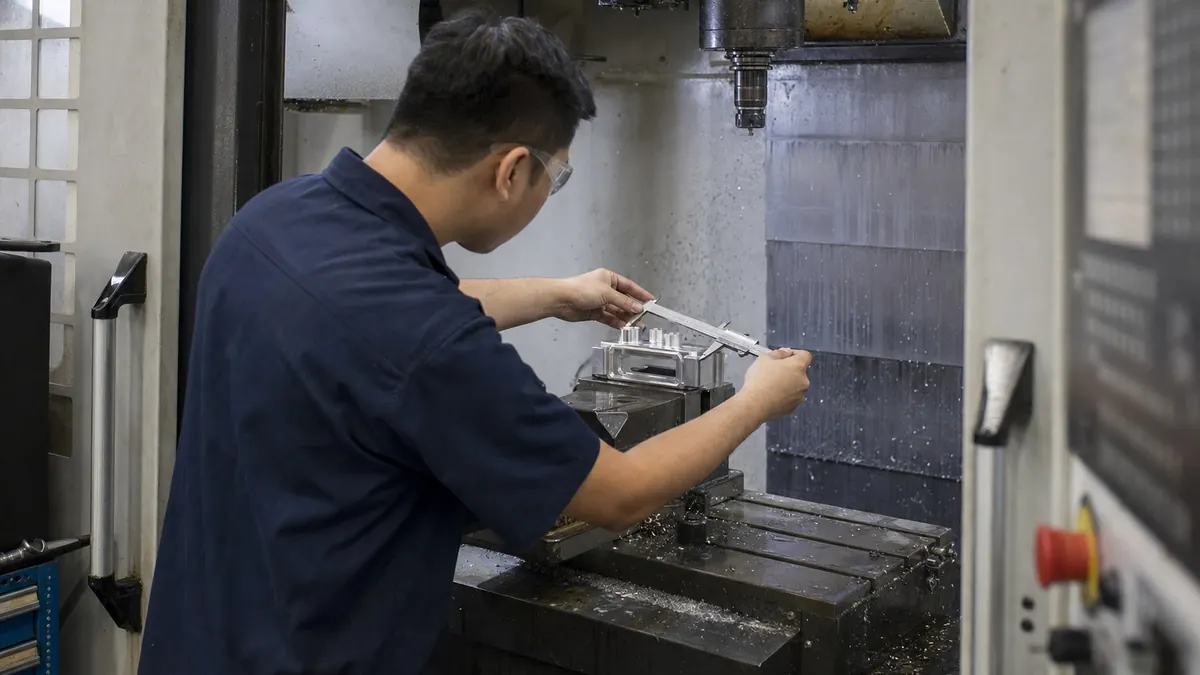 Illustrative CNC operator measuring a clamped component inside a stopped machining centre