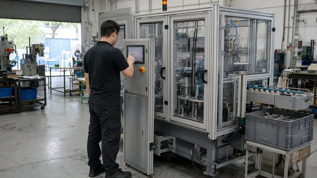 Illustrative technician commissioning a guarded automation cell with visible material flow