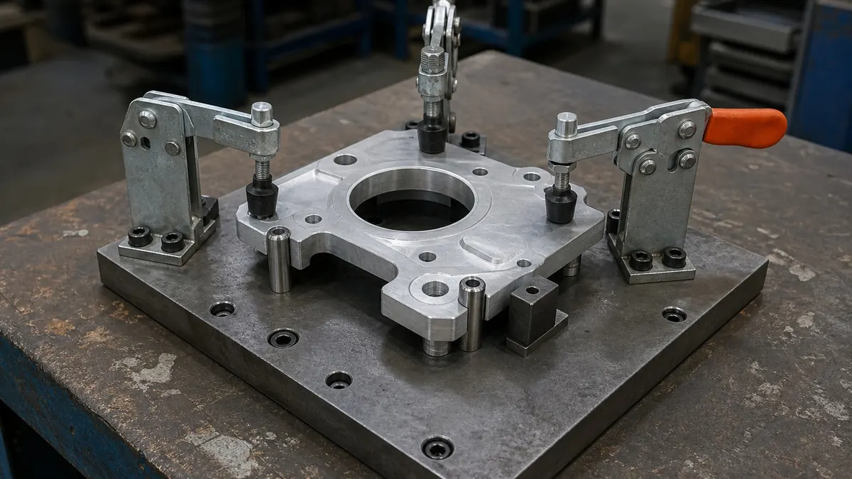 Illustrative reference showing purpose-built fixture holding a component with clamps and locating pins