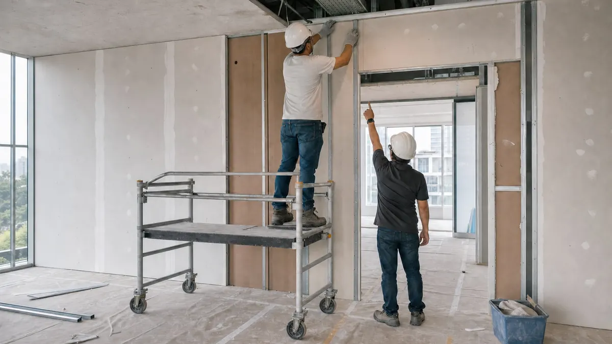 Illustrative reference showing supervisor and tradesperson working in an active commercial fit-out