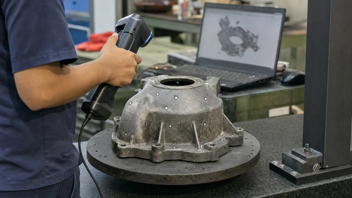 Illustrative reference showing technician scanning a worn cast housing beside a partial 3d model